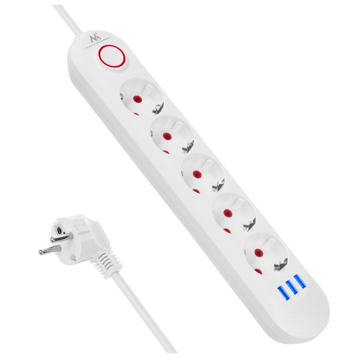 Napajalni kabel MCE395W: 5 vtičnic, 3x USB, 2.1A, bela