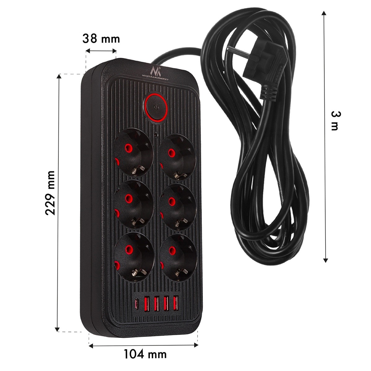 Maclean MCE391B razdelilna letev: 6x šuko, 4x USB-A, 1x USB-C, črna 6